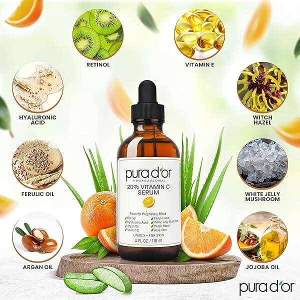 PURA D'OR 20% Vitamin C Facial Serum 4 Oz Antioxidant Anti-Aging Blend w/Retinol, Hyaluronic Acid, Ferulic Acid - Hydrating Lightweight Ayurvedic Skin Care - Men Women Daily Use - Image 3