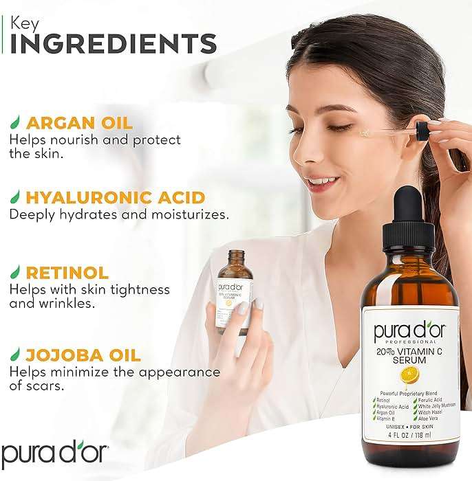 PURA D'OR 20% Vitamin C Facial Serum 4 Oz Antioxidant Anti-Aging Blend w/Retinol, Hyaluronic Acid, Ferulic Acid - Hydrating Lightweight Ayurvedic Skin Care - Men Women Daily Use - Image 4