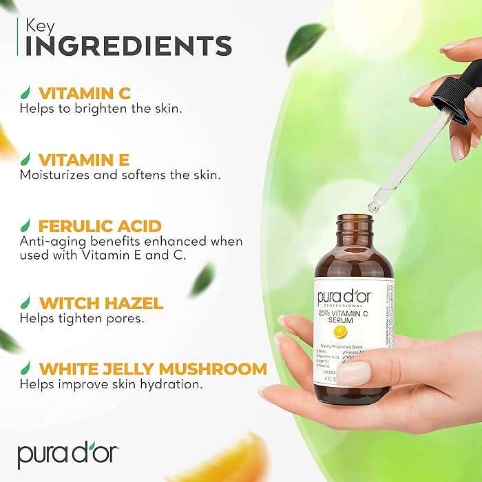 PURA D'OR 20% Vitamin C Facial Serum 4 Oz Antioxidant Anti-Aging Blend w/Retinol, Hyaluronic Acid, Ferulic Acid - Hydrating Lightweight Ayurvedic Skin Care - Men Women Daily Use - Image 5