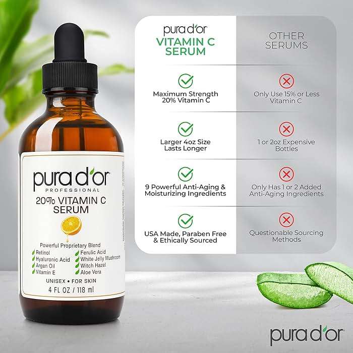 PURA D'OR 20% Vitamin C Facial Serum 4 Oz Antioxidant Anti-Aging Blend w/Retinol, Hyaluronic Acid, Ferulic Acid - Hydrating Lightweight Ayurvedic Skin Care - Men Women Daily Use - Image 6