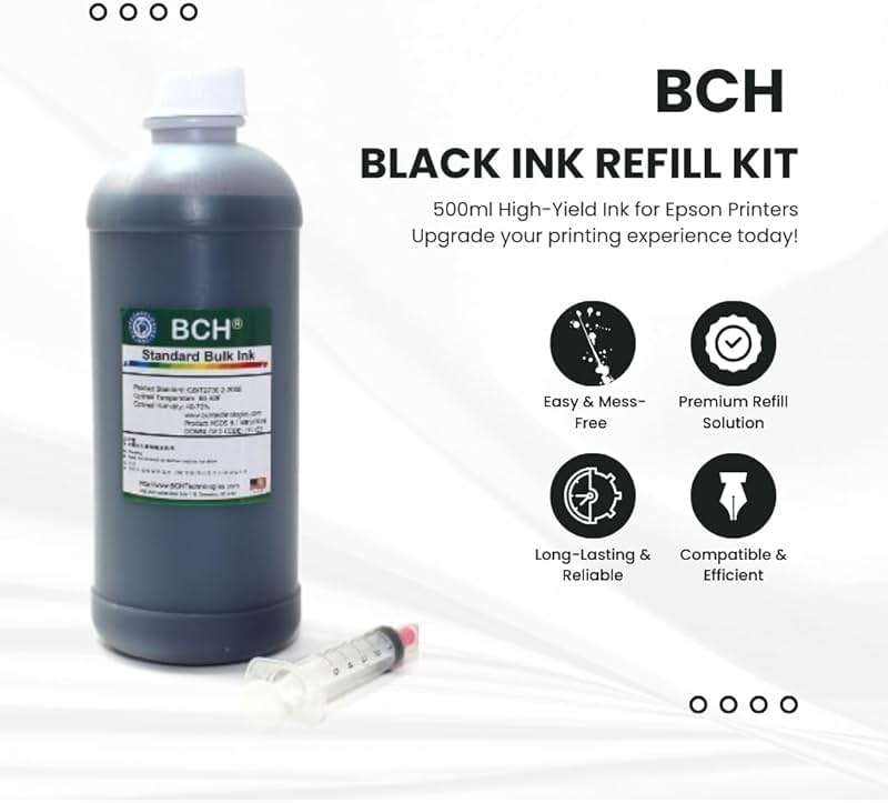 BCH Black Ink Refill Kit for Epson Inkjet Printers 500 ml (16.9 oz) High-Yield Printer Ink Refill- Refillable Ink Bottle with Syringe for Easy Refilling - Image 3