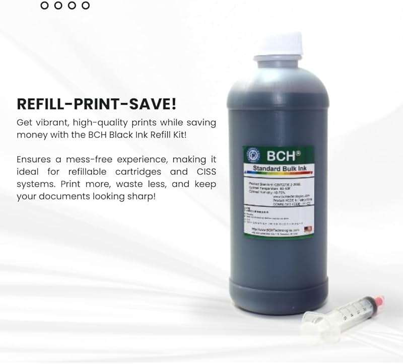 BCH Black Ink Refill Kit for Epson Inkjet Printers 500 ml (16.9 oz) High-Yield Printer Ink Refill- Refillable Ink Bottle with Syringe for Easy Refilling - Image 4