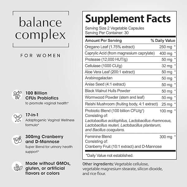 Balance Complex 17-in-1 Vaginal Health 100 Billion Probiotics for Women pH Balance with Cranberry & D-Mannose | Promote Urinary Tract Health for Vaginal Odor & Vaginal Flora, 60 Capsules - Image 7
