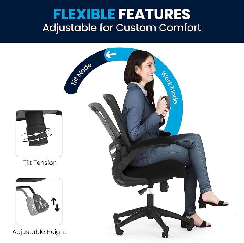 Flash Furniture Kelista Mid-Back Swivel Office Chair with Adjustable Seat Height, Ergonomic Mesh Desk Chair with Flip-Up Armrests, Black - Image 12