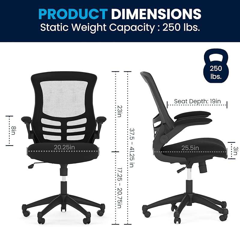 Flash Furniture Kelista Mid-Back Swivel Office Chair with Adjustable Seat Height, Ergonomic Mesh Desk Chair with Flip-Up Armrests, Black - Image 3