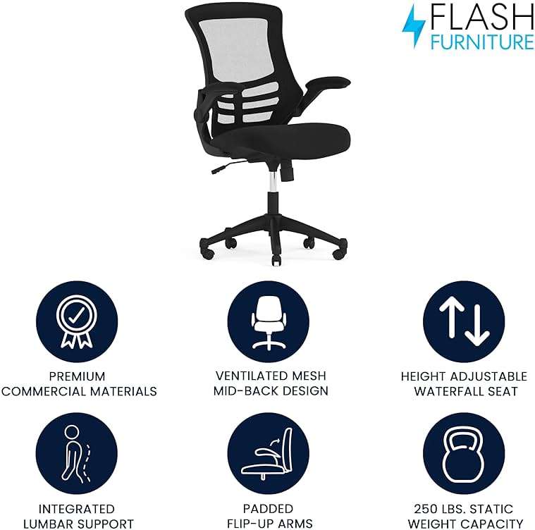 Flash Furniture Kelista Mid-Back Swivel Office Chair with Adjustable Seat Height, Ergonomic Mesh Desk Chair with Flip-Up Armrests, Black - Image 4