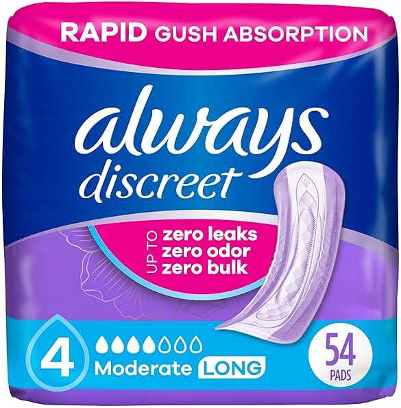 Always Discreet Adult Incontinence Pads for Women, Drier, 4 Drop Long Length, Moderate Absorbency, Pads for Bladder Control Management, Bladder Leaks, & Postpartum Pads, 54ct - Image 1