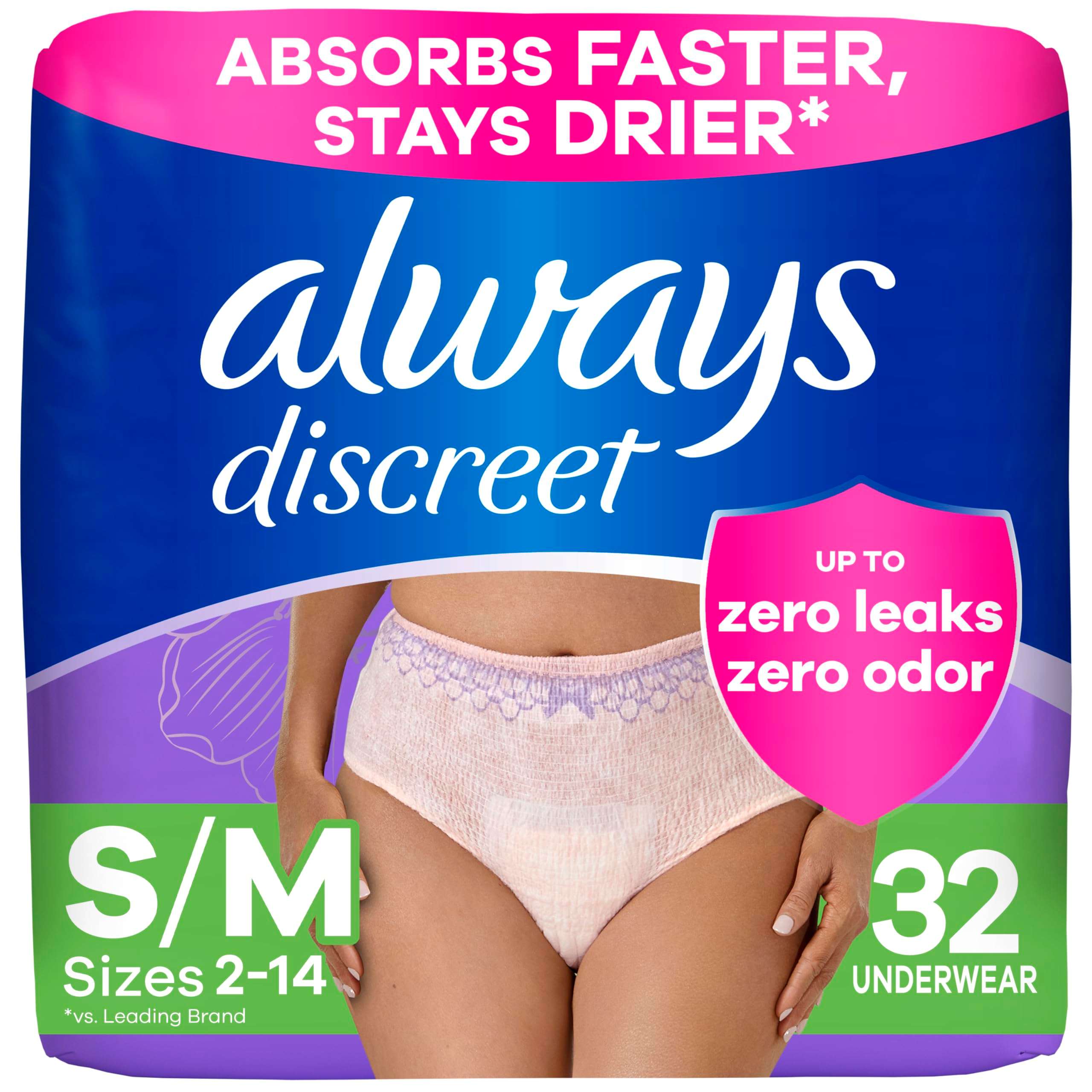 Always Discreet Adult Diapers for Women, Incontinence Underwear, Postpartum Essentials, Disposable Briefs, Max Absorbency, Bladder Leak Protection, Small/Medium, 32ct - Image 1