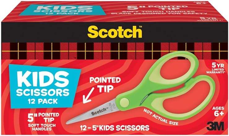 Scotch 5" Soft Touch Pointed Tip Kids Scissors, 12 Count Teacher’s Pack, Green, All-Purpose Scissors for School and Crafts (1442P-12) - Image 1