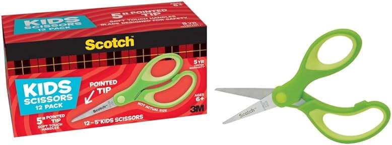 Scotch 5" Soft Touch Pointed Tip Kids Scissors, 12 Count Teacher’s Pack, Green, All-Purpose Scissors for School and Crafts (1442P-12) - Image 2