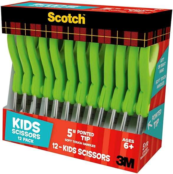 Scotch 5" Soft Touch Pointed Tip Kids Scissors, 12 Count Teacher’s Pack, Green, All-Purpose Scissors for School and Crafts (1442P-12) - Image 4