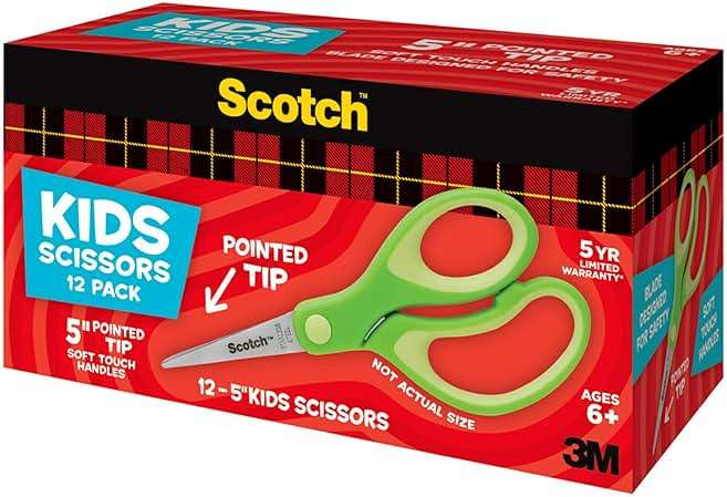 Scotch 5" Soft Touch Pointed Tip Kids Scissors, 12 Count Teacher’s Pack, Green, All-Purpose Scissors for School and Crafts (1442P-12) - Image 5
