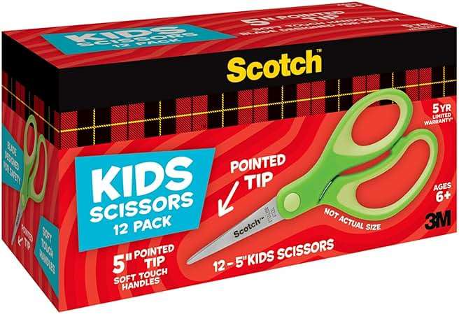 Scotch 5" Soft Touch Pointed Tip Kids Scissors, 12 Count Teacher’s Pack, Green, All-Purpose Scissors for School and Crafts (1442P-12) - Image 6
