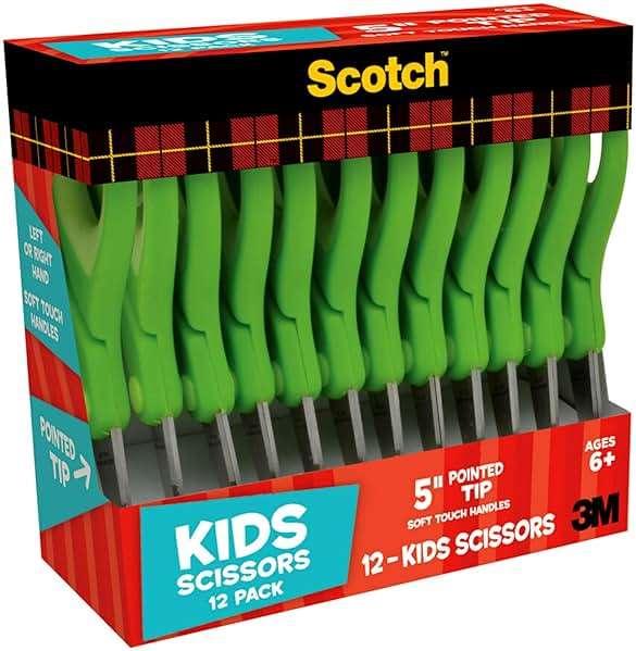 Scotch 5" Soft Touch Pointed Tip Kids Scissors, 12 Count Teacher’s Pack, Green, All-Purpose Scissors for School and Crafts (1442P-12) - Image 7