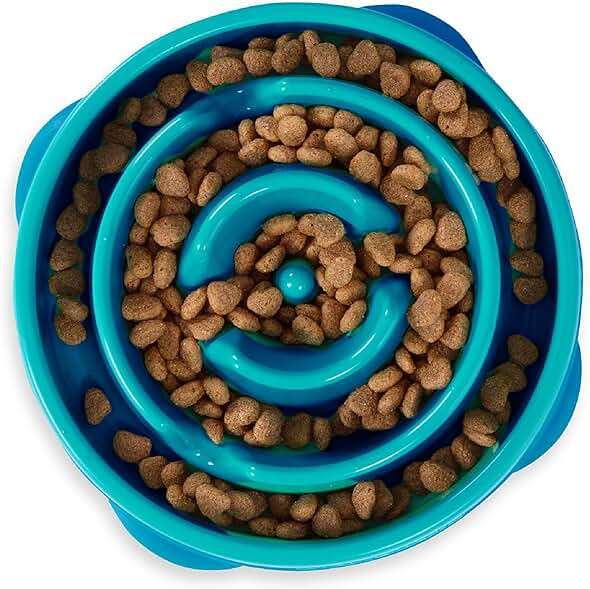 Outward Hound Fun Feeder Slo Bowl – Medium 2‑Cup Capacity, Slow Feeding, Small to Medium Dogs & Cats, Non-Slip, Turquoise, Drop Pattern - Image 1