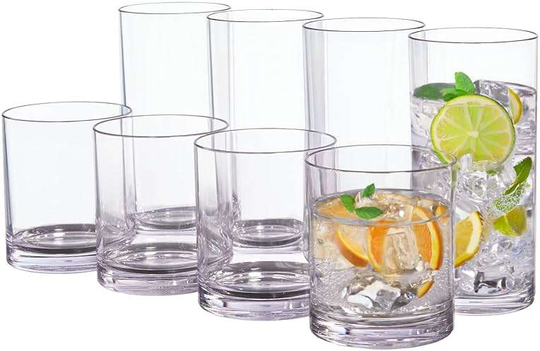 US Acrylic Classic Clear Plastic Reusable Drinking Glasses (Set of 8) 12oz Rocks & 16oz Water Cups | BPA-Free Tumblers, Made in USA | Top-Rack Dishwasher Safe - Image 1