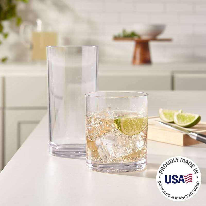 US Acrylic Classic Clear Plastic Reusable Drinking Glasses (Set of 8) 12oz Rocks & 16oz Water Cups | BPA-Free Tumblers, Made in USA | Top-Rack Dishwasher Safe - Image 2