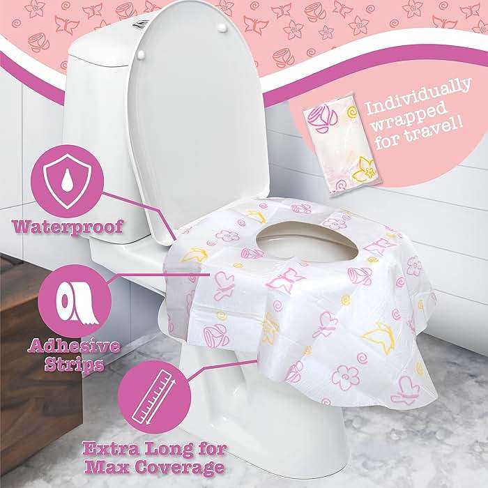 Potty Shields Toilet Seat Covers Disposable (20 Pack, Floral) - XL Waterproof Toilet Cover for Toddlers, Kids & Adults - Portable & Individually Wrapped for Travel, Potty Training & Public Restrooms - Image 4