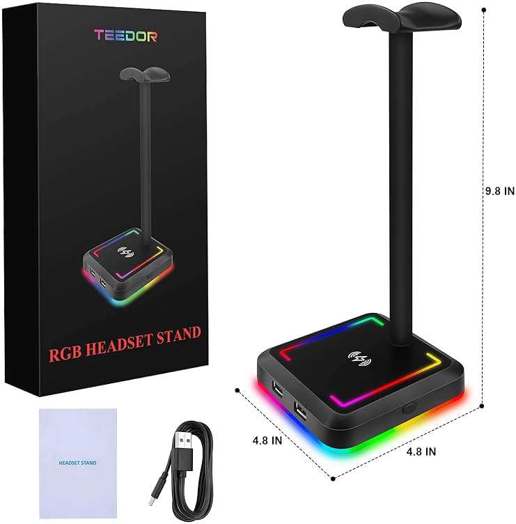 Headphone Stand with Wireless Charger Gaming Headset Holder 2 IN 1 Wireless Charging Pad & 2 USB Charger Ports for Desktop PC Game Accessories - Image 3