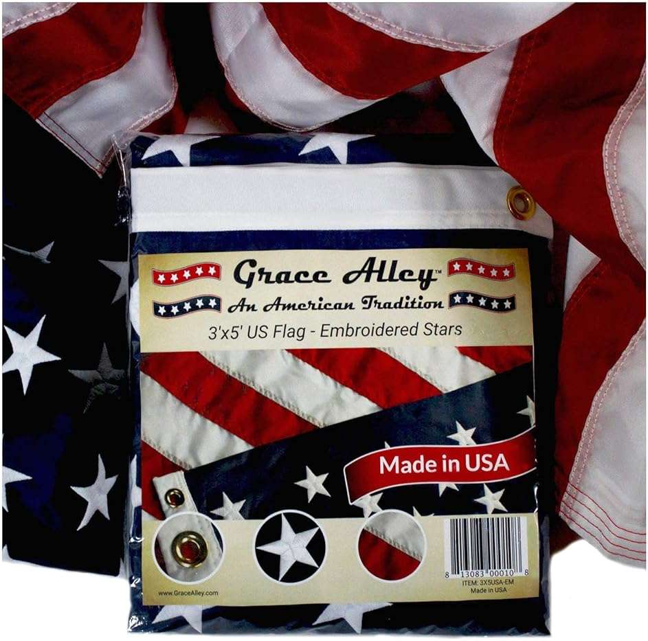 Grace Alley American Flag: 3x5 FT US Flag - 100% Made in USA. Embroidered Stars, Sewn Stripes and Brass Grommets. Fade Resistant, Heavy Duty, Long Lasting Nylon for Outdoor Durability. - Image 8
