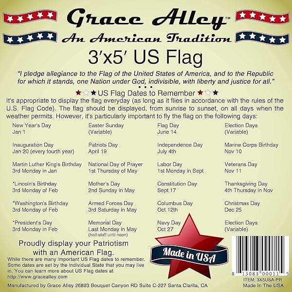 Grace Alley American Flag: 3x5 FT US Flag - 100% Made in USA. Embroidered Stars, Sewn Stripes and Brass Grommets. Fade Resistant, Heavy Duty, Long Lasting Nylon for Outdoor Durability. - Image 9