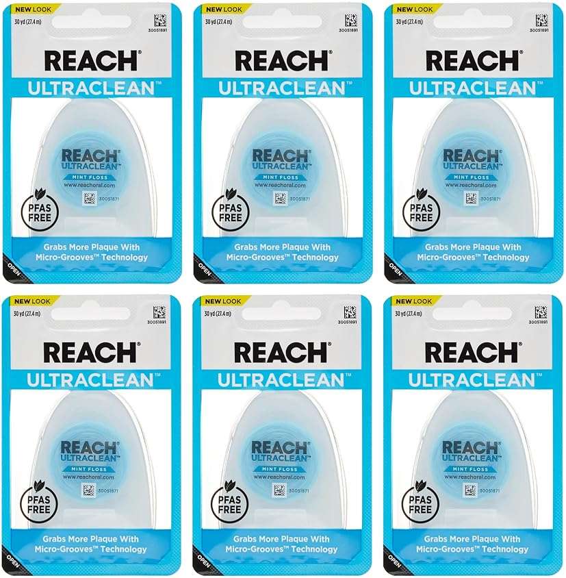 REACH Ultraclean Dental Floss, Mint, Plaque Remover for Teeth, Shred Resistant, Waxed, Easy on Gums & Teeth, Mint, Oral Care, PFAS Free, for Adults & Kids, 6 Pack, 30 yd - Image 1