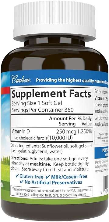 Carlson Vitamin D3 10,000 IU (250 mcg), Cholecalciferol, Bone & Immune Health, 360 Soft Gels - Image 2