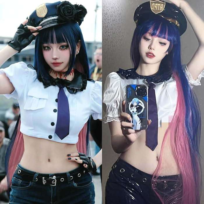 ANOGOL Hair Cap+ Blue Mix Pink Wig 105cm Long Straight Pink Wigs for Women with Bangs Costume for Women Synthetic Blue and Pink Hair Wigs for Stocking Cosplay Halloween Wig Anime Party - Image 2