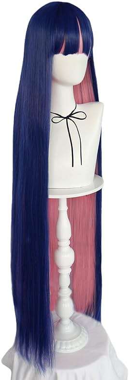 ANOGOL Hair Cap+ Blue Mix Pink Wig 105cm Long Straight Pink Wigs for Women with Bangs Costume for Women Synthetic Blue and Pink Hair Wigs for Stocking Cosplay Halloween Wig Anime Party - Image 4