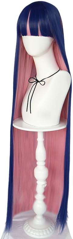 ANOGOL Hair Cap+ Blue Mix Pink Wig 105cm Long Straight Pink Wigs for Women with Bangs Costume for Women Synthetic Blue and Pink Hair Wigs for Stocking Cosplay Halloween Wig Anime Party - Image 5