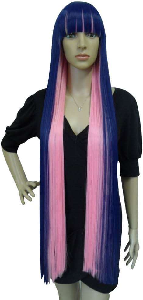ANOGOL Hair Cap+ Blue Mix Pink Wig 105cm Long Straight Pink Wigs for Women with Bangs Costume for Women Synthetic Blue and Pink Hair Wigs for Stocking Cosplay Halloween Wig Anime Party - Image 7