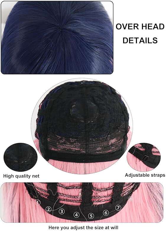 ANOGOL Hair Cap+ Blue Mix Pink Wig 105cm Long Straight Pink Wigs for Women with Bangs Costume for Women Synthetic Blue and Pink Hair Wigs for Stocking Cosplay Halloween Wig Anime Party - Image 8