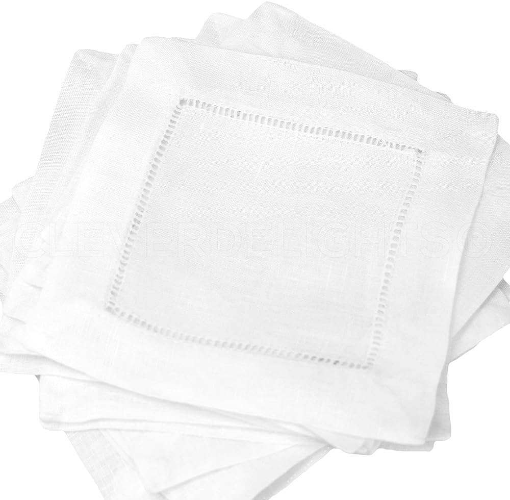 CleverDelights 6" White Cotton Hemstitch Cocktail Napkins - 12 Pack - 100% Cotton - Image 3