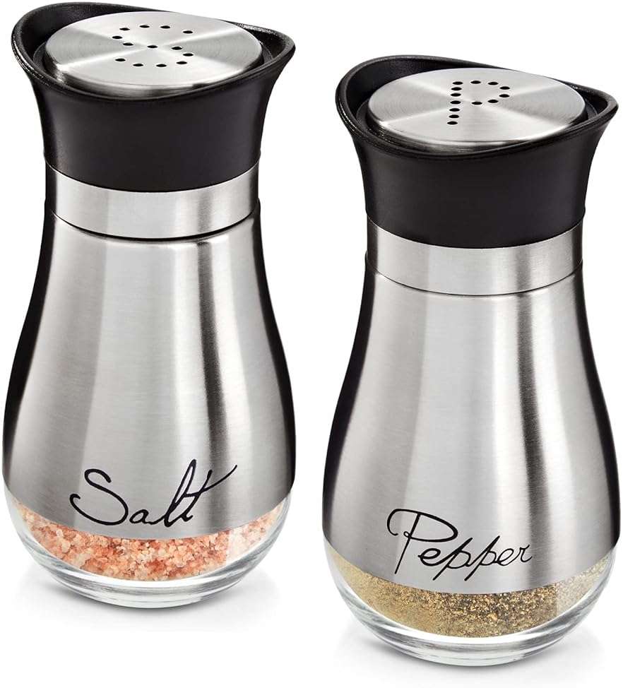 Stainless Steel Salt and Pepper Shaker Set with Glass Bottom, Perforated "S" and "P" Caps - Modern Kitchen Counter Decor (4oz) - Image 1