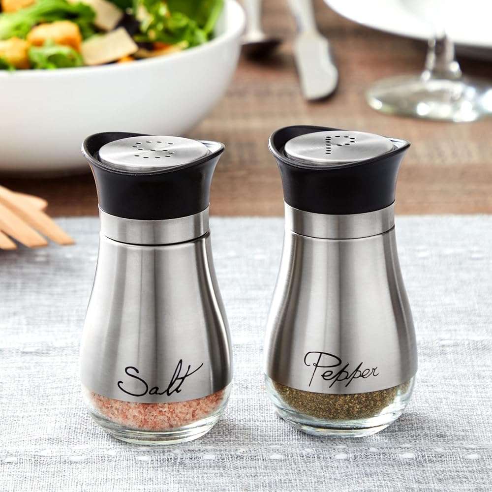 Stainless Steel Salt and Pepper Shaker Set with Glass Bottom, Perforated "S" and "P" Caps - Modern Kitchen Counter Decor (4oz) - Image 2