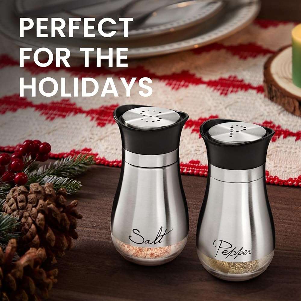 Stainless Steel Salt and Pepper Shaker Set with Glass Bottom, Perforated "S" and "P" Caps - Modern Kitchen Counter Decor (4oz) - Image 4