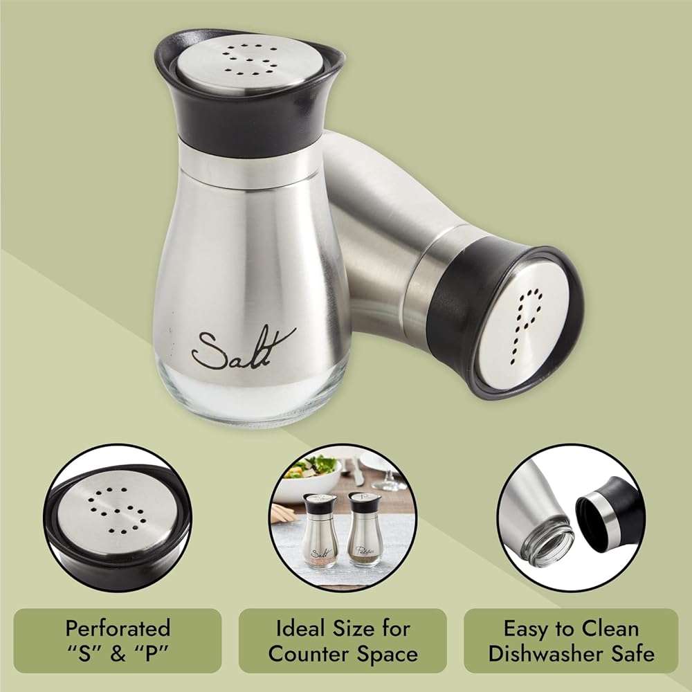 Stainless Steel Salt and Pepper Shaker Set with Glass Bottom, Perforated "S" and "P" Caps - Modern Kitchen Counter Decor (4oz) - Image 5