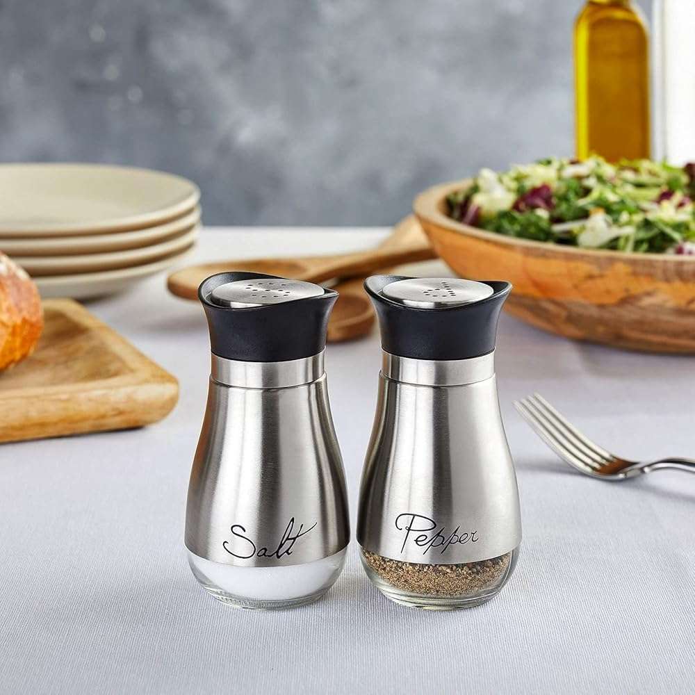 Stainless Steel Salt and Pepper Shaker Set with Glass Bottom, Perforated "S" and "P" Caps - Modern Kitchen Counter Decor (4oz) - Image 6