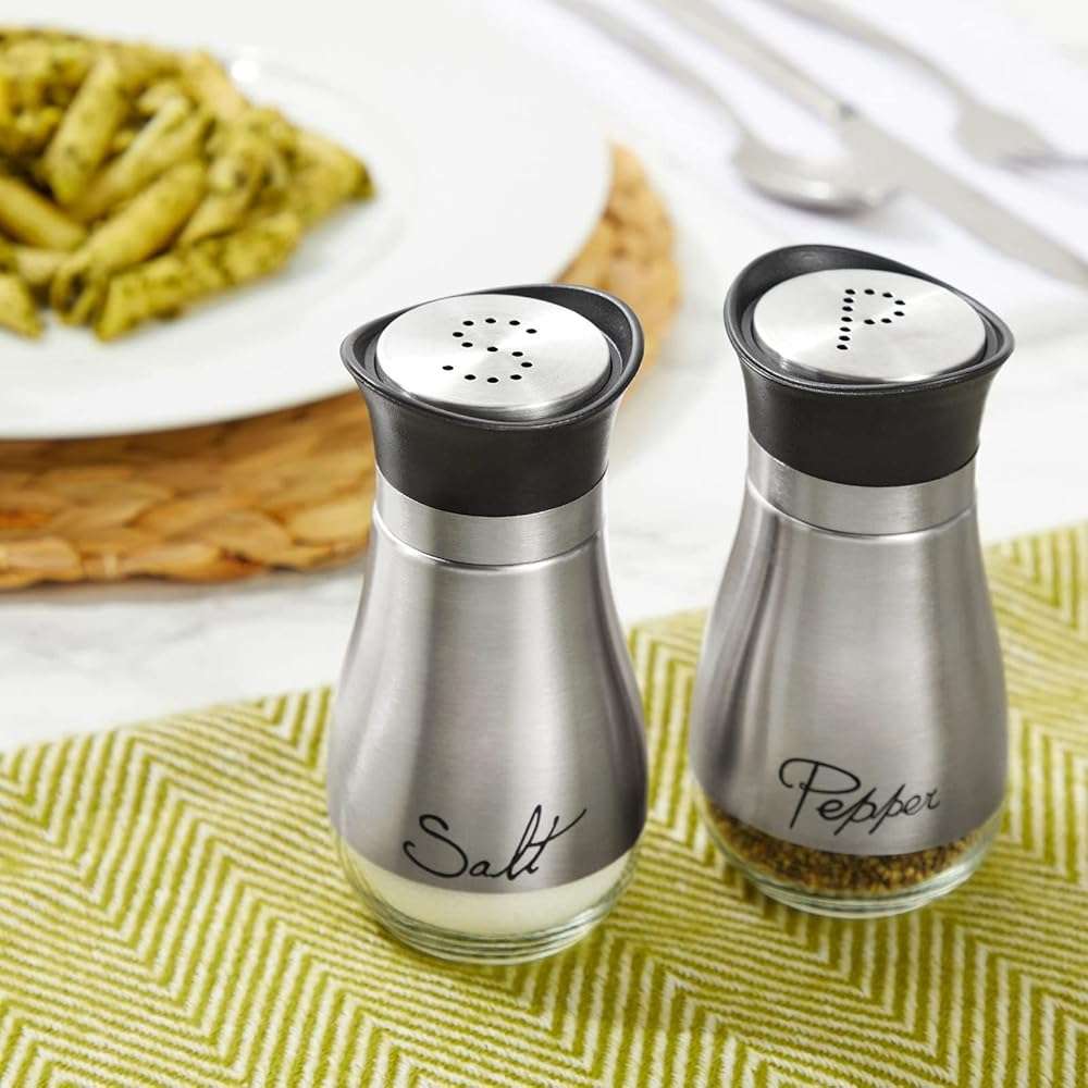 Stainless Steel Salt and Pepper Shaker Set with Glass Bottom, Perforated "S" and "P" Caps - Modern Kitchen Counter Decor (4oz) - Image 8