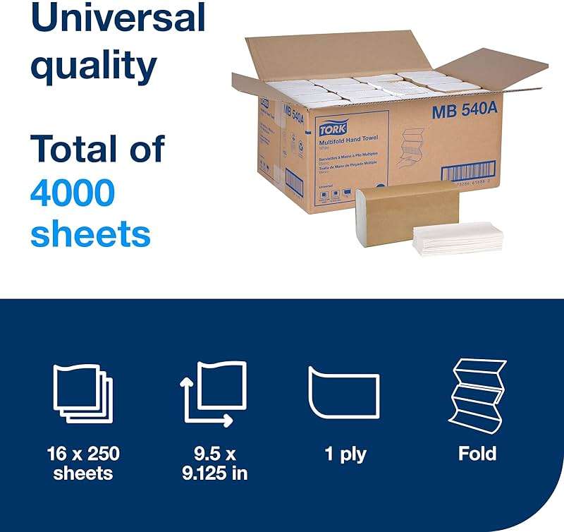 Tork Multifold Hand Towel White H2, Universal, 100% Recycled Fibers, 16 x 250 Towels, MB540A - Image 2