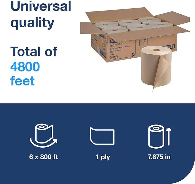 Tork Paper Towel Roll Natural - Universal Hand Roll, Natural Paper Towels with Brown Tissues made of 100% Recycled Fiber, 6 Rolls x 800 ft, Compatible with H21 Dispenser, RK800E - Image 2
