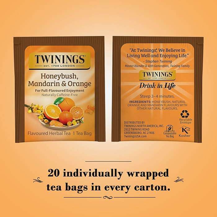 Twinings Honeybush, Mandarin, & Orange Herbal Tea Individually Wrapped Bags, 20 Count (Pack of 1), Naturally Caffeine-Free, Enjoy Hot or Iced, 20 Teabags - Image 2