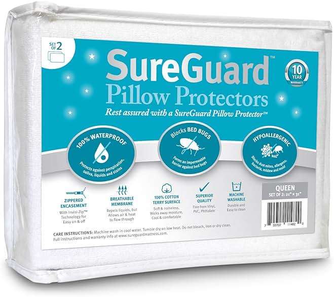 Set of 2 Queen Size SureGuard Pillow Protectors - 100% Waterproof, Bed Bug Proof, Hypoallergenic - Premium Zippered Cotton Terry Covers - Image 1