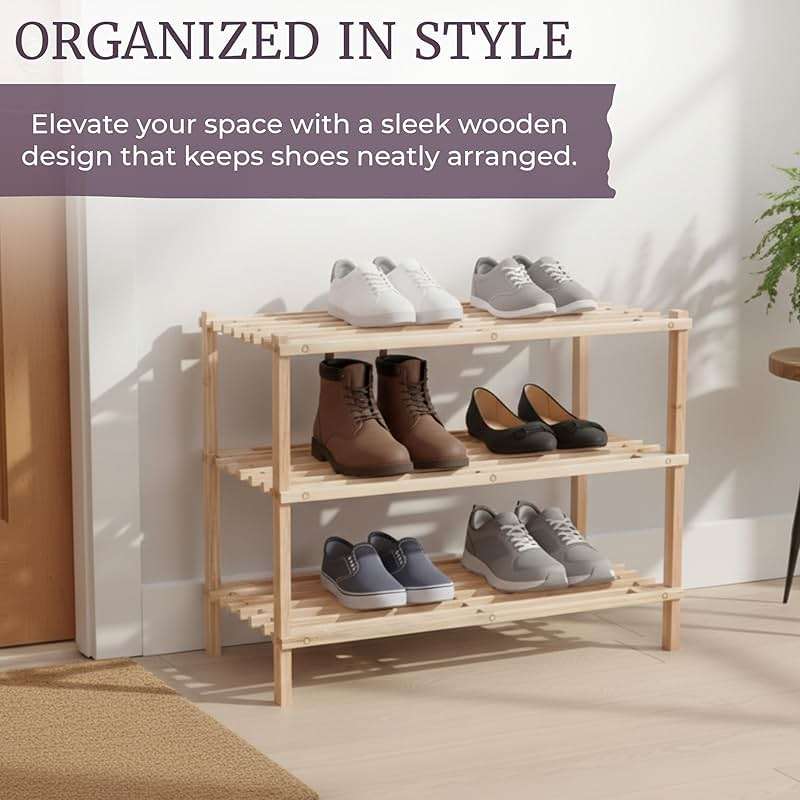 Shoe Storage Rack - 3-Tier Wood Shoe Organizer for Closet, Bathroom, Entryway - Footwear Shelf Holds 9 Pairs Sneakers or Boots by Lavish Home (Light Oak) - Image 4