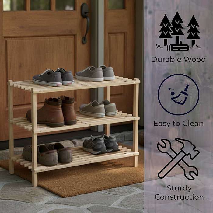 Shoe Storage Rack - 3-Tier Wood Shoe Organizer for Closet, Bathroom, Entryway - Footwear Shelf Holds 9 Pairs Sneakers or Boots by Lavish Home (Light Oak) - Image 6