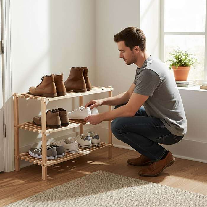 Shoe Storage Rack - 3-Tier Wood Shoe Organizer for Closet, Bathroom, Entryway - Footwear Shelf Holds 9 Pairs Sneakers or Boots by Lavish Home (Light Oak) - Image 7