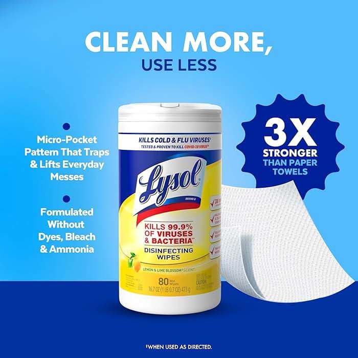 LYSOL Disinfecting Wipes, All Purpose Cleaner, Multi-Surface Antibacterial Cleaning Wipes, Household Cleaning Supplies, Dorm Essentials, Lemon & Lime Blossom Scent, 80 ct. (3 Pack) - Image 6