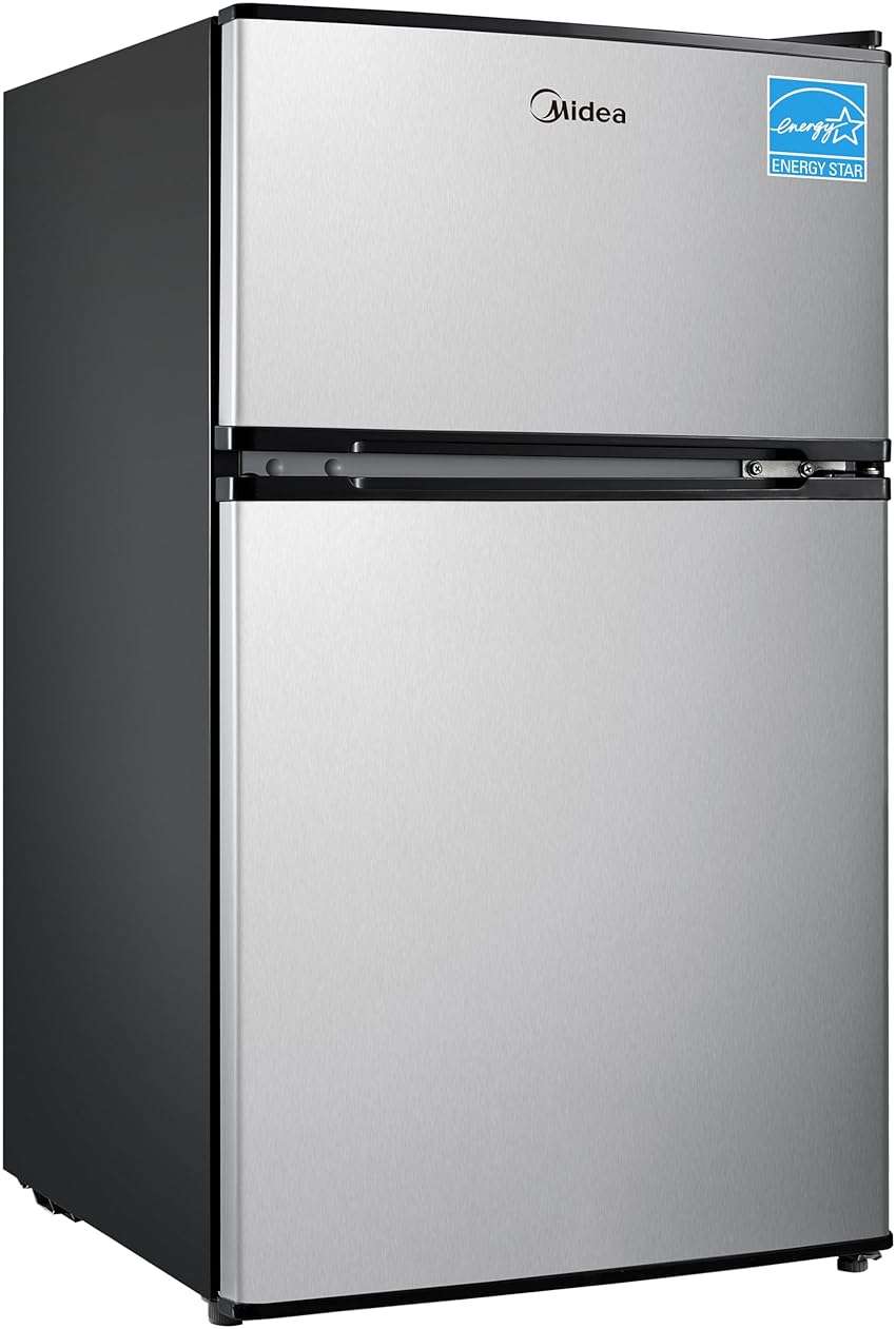 Midea WHD-113FSS1 Double Door Mini Fridge with Freezer for Bedroom Office or Dorm with Adjustable Remove Glass Shelves Compact Refrigerator, 3.1 cu ft, Stainless Steel - Image 1