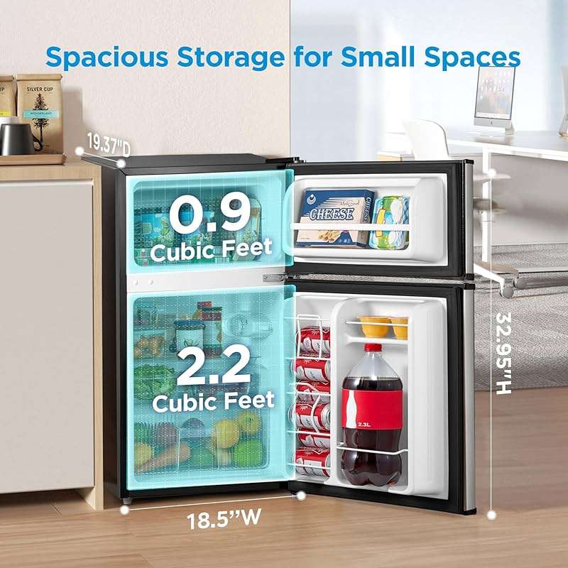 Midea WHD-113FSS1 Double Door Mini Fridge with Freezer for Bedroom Office or Dorm with Adjustable Remove Glass Shelves Compact Refrigerator, 3.1 cu ft, Stainless Steel - Image 2
