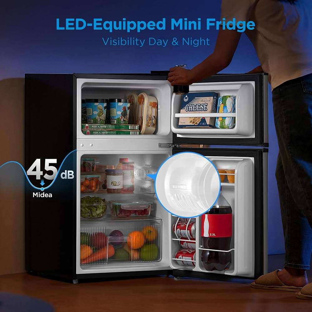 Midea WHD-113FSS1 Double Door Mini Fridge with Freezer for Bedroom Office or Dorm with Adjustable Remove Glass Shelves Compact Refrigerator, 3.1 cu ft, Stainless Steel - Image 4